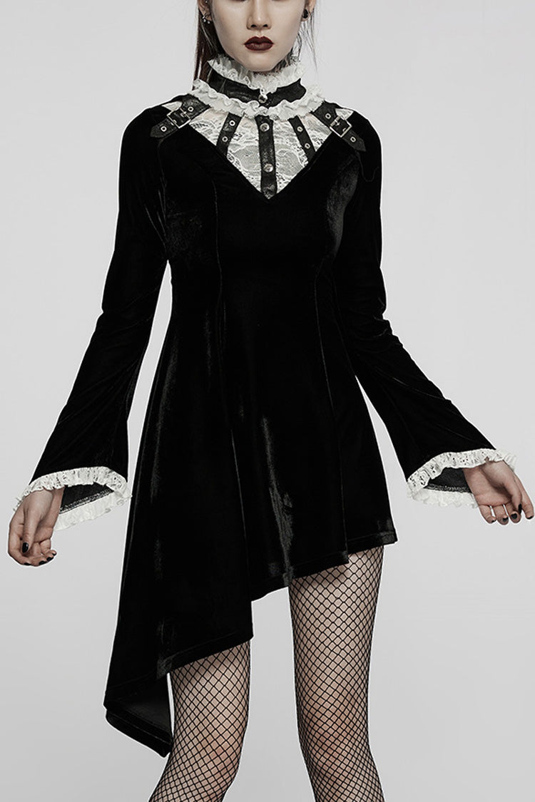 Long Trumpet Sleeves Stitching Lace Irregular Asymmetric Women's Gothic Dress 2 Colors - Black/White - 9