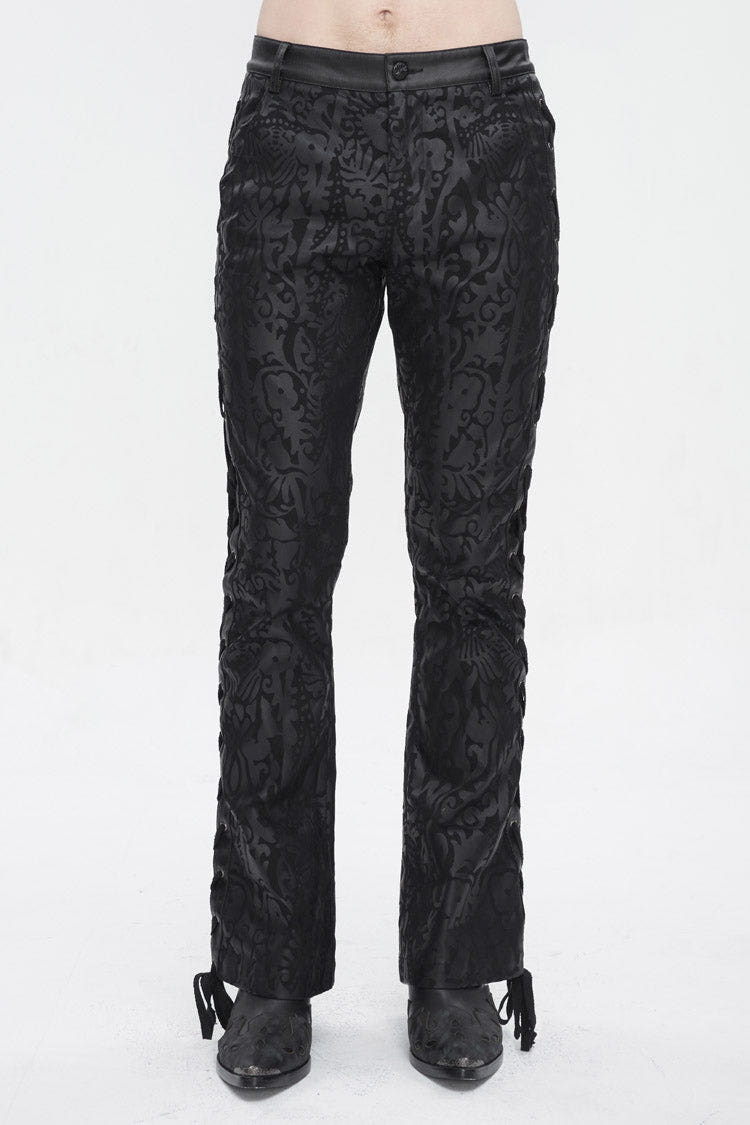 Black Lace Up Totem Printed Men's Punk Flared Pants - Black - 1