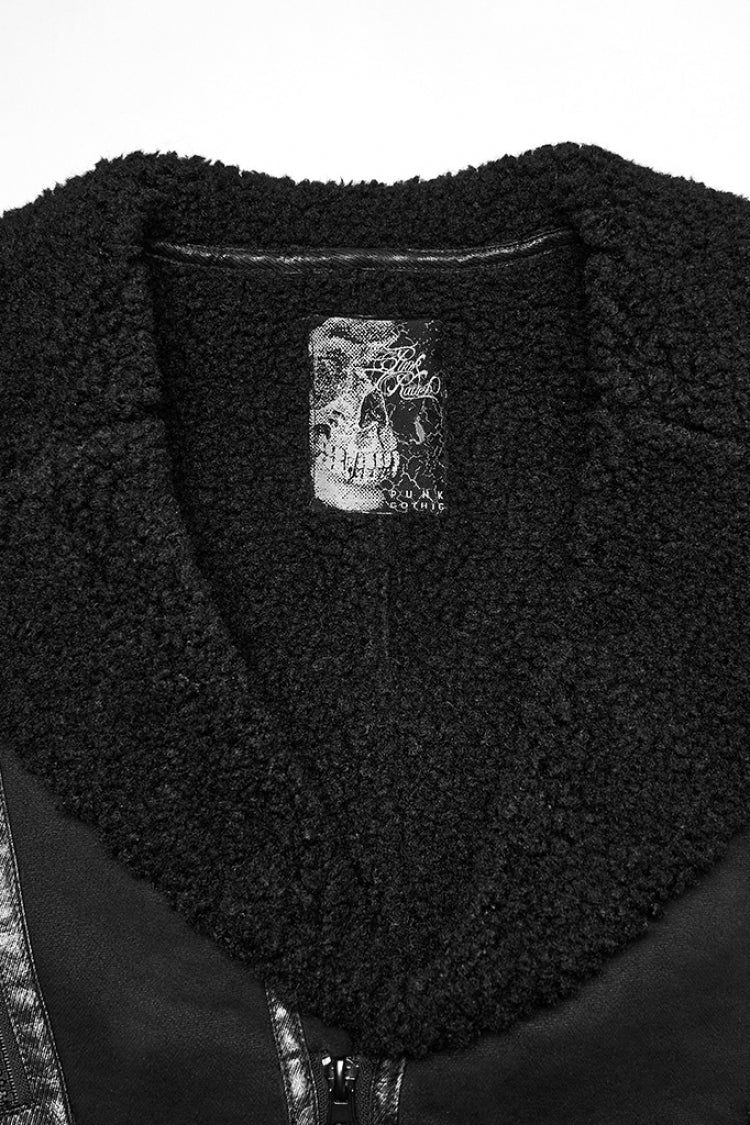 Black Plush Lapel Collar Sleeveless Asymmetric Zipper Men's Gothic Jacket - Product - 5