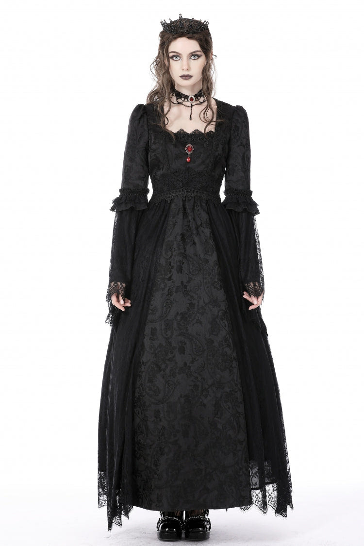 Black Square Collar Long Hime Sleeves Embroidered Lace Spliced Women's Gothic Maxi Wedding Dress - Product - 5