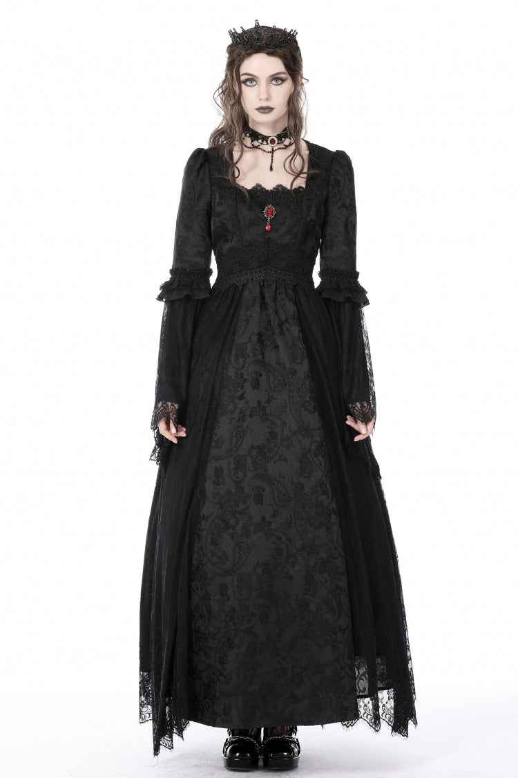 Black Square Collar Long Hime Sleeves Embroidered Lace Spliced Women's Gothic Maxi Wedding Dress - Product - 5