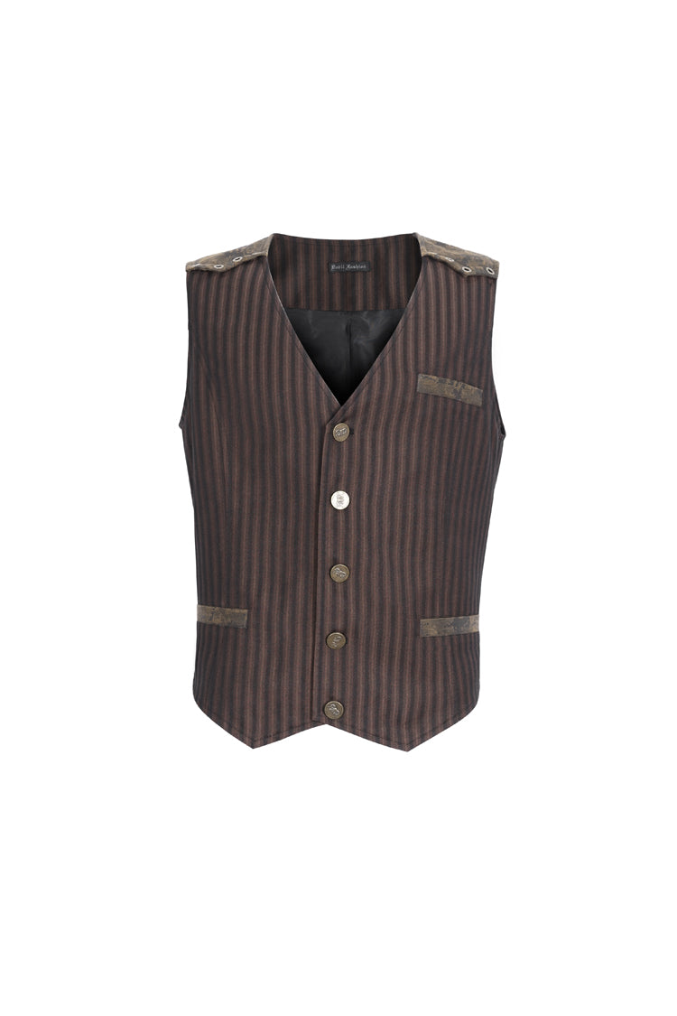 Brown Striped V Collar Stitching Slim Men's Gothic Vest - Product - 4