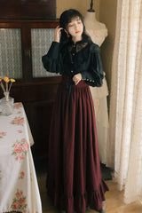 Black/Red Long Sleeves High Waisted Printed Lace Gothic Vintage Lolita Long Skirt Dress Set - Product - 5