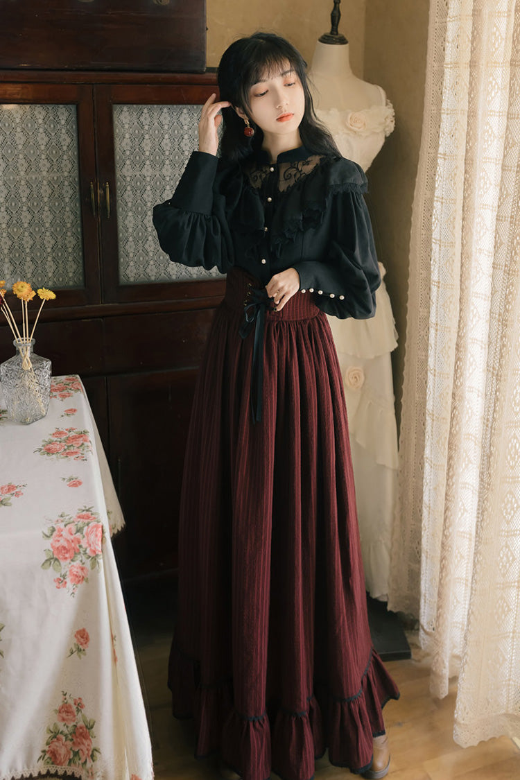 Black/Red Long Sleeves High Waisted Printed Lace Gothic Vintage Lolita Long Skirt Dress Set - Product - 5