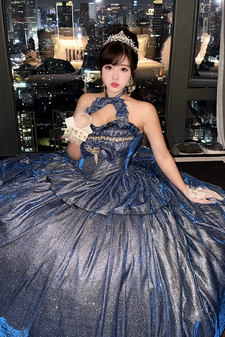 Blue [Paris-Inspired] Sleeveless Glitter Series Ruffled Cut-Out Bow Sweet Lolita Skirt Set - Product - 4