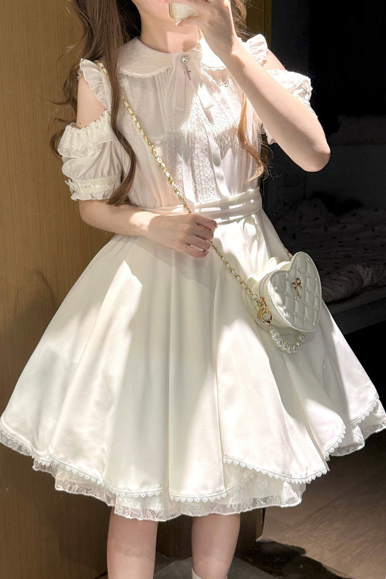 White [Oath] Lapel Collar Off Shoulder Short Sleeves Bow Gothic Lolita Dress - White - 1
