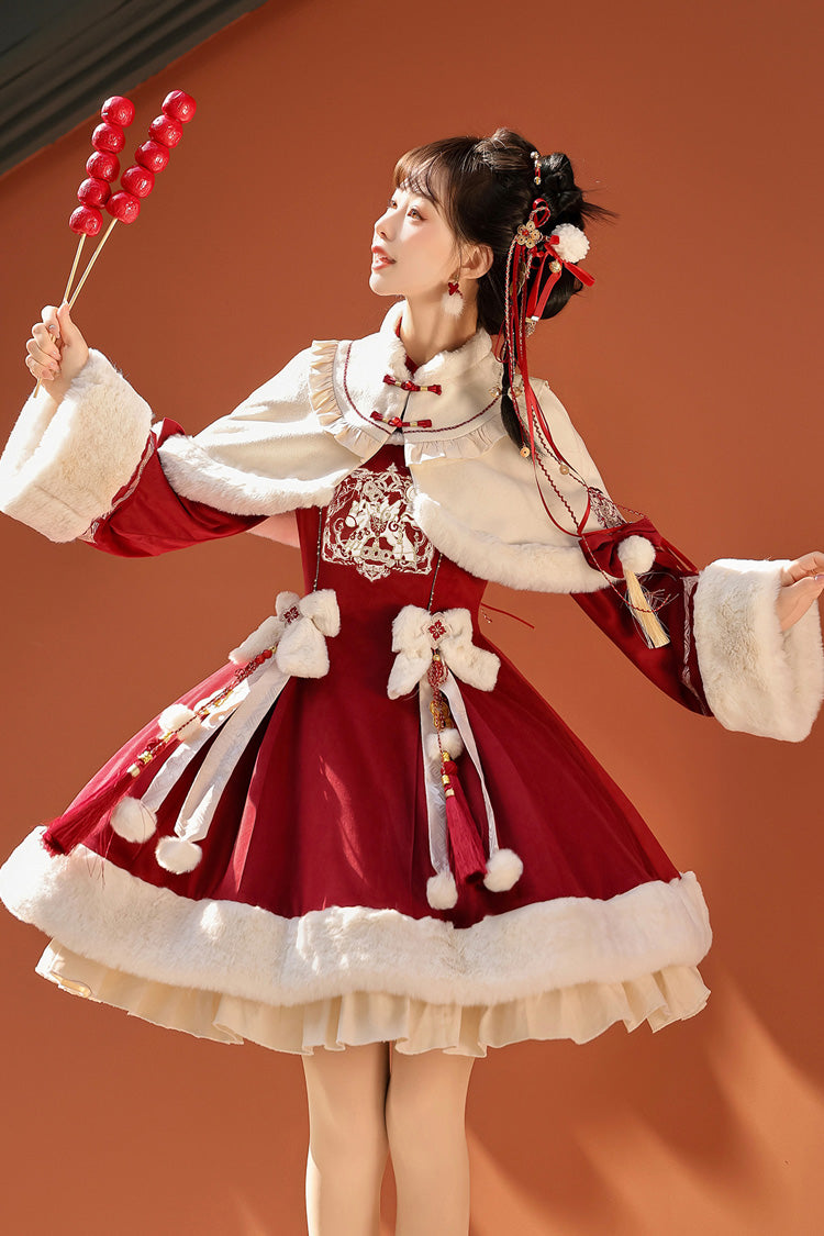 Red Long Sleeves Ruffle Embroidery Bowknot Chinese Style Sweet Lolita Hanfu Dress - Product - 5