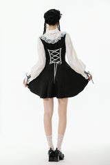 Black/White Faux Two-Piece Doll Collar Long Sleeves Lace-Up Women's Lolita Gothic Graduation Dress - Product - 11