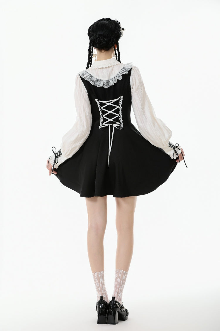 Black/White Faux Two-Piece Doll Collar Long Sleeves Lace-Up Women's Lolita Gothic Graduation Dress - Product - 11