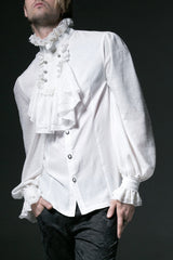 White Stand Collar Retro Button Long Lantern Sleeves Mens Gothic Blouse - White - 1