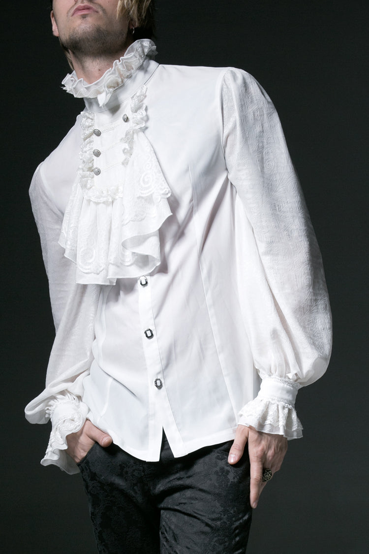 White Stand Collar Retro Button Long Lantern Sleeves Mens Gothic Blouse - White - 1