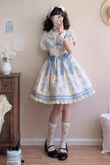 Blue [Grape Moon Almanac] Short Sleeves Multi-Layered Printed Ruffled Bow Sweet Lolita Dress - Product - 3