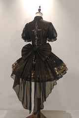 Black [Chimera Dream Gilded] Short Sleeves Multi-Layered Printed Ruffled Lace-Up Gothic Chinese Style Lolita Dress - Product - 3