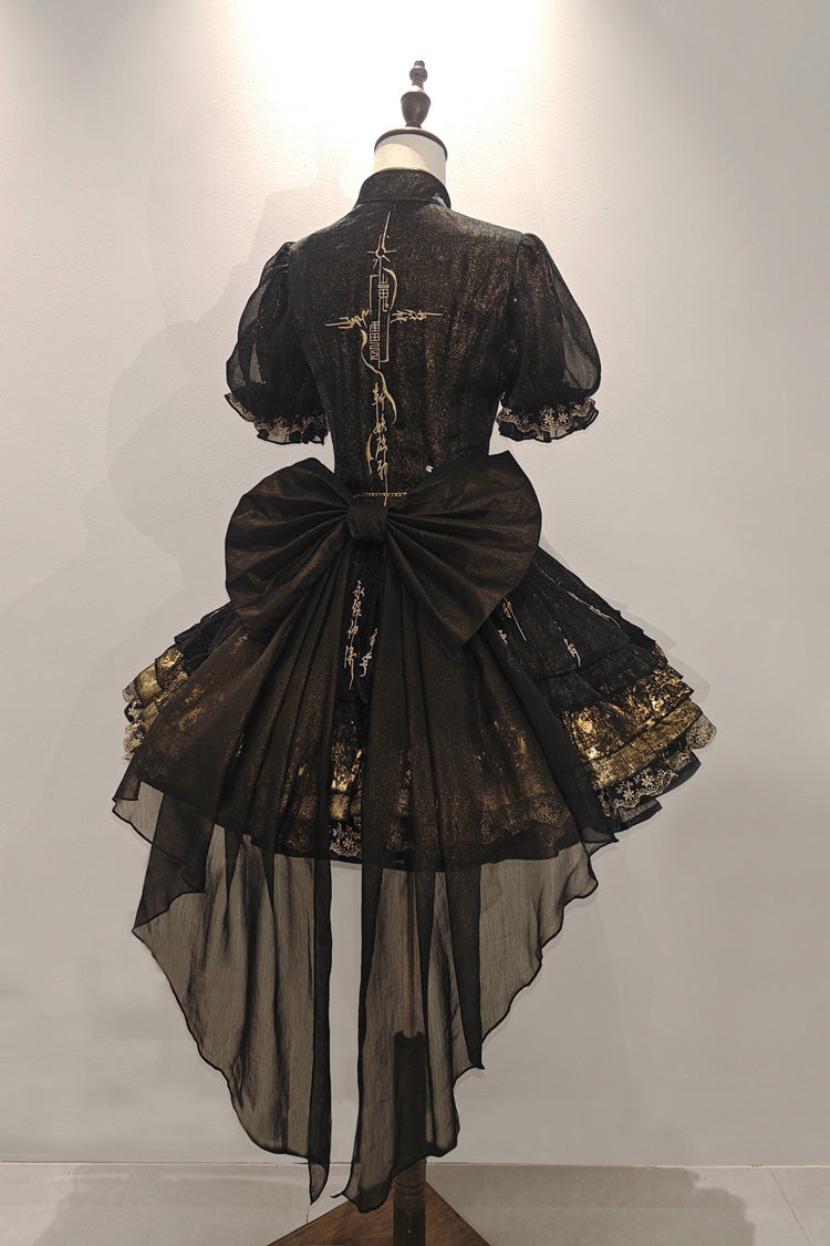 Black [Chimera Dream Gilded] Short Sleeves Multi-Layered Printed Ruffled Lace-Up Gothic Chinese Style Lolita Dress - Product - 3