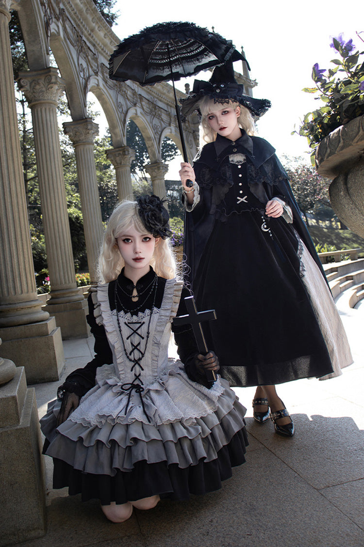 Black/Grey Witch Long Sleeves Gradient Multi-Layered Ruffle Bowknot Lace Gothic Chinese Style Lolita Dress - Product - 9