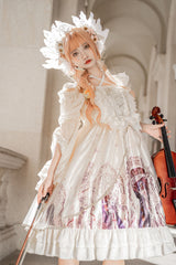 Ivory Ancient Mythology Angel Wings Print Mesh Stitching Bowknot Ruffled Gothic Lolita Jsk Dress - Product - 4
