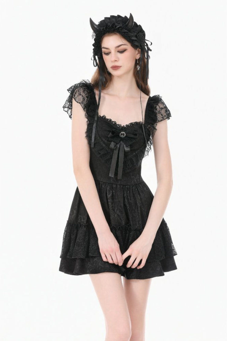 Black Flutter Sleeves Jacquard Bowknot Lace Ruffled Lace-Up Women's Gothic Cake Mini Dress - Product - 5