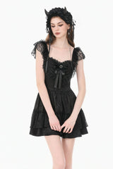 Black Flutter Sleeves Jacquard Bowknot Lace Ruffled Lace-Up Women's Gothic Cake Mini Dress - Product - 5