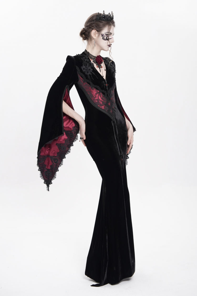 Black/Red V Collar Long Trumpet Sleeves Floral Embroidered Velvet Women's Gothic Dress - Product - 4