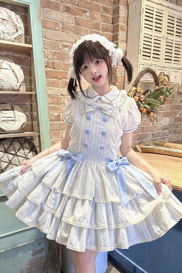 Light Blue Cotton Sleeveless Triple-Layered Printed Ruffled Bow Sweet Lolita Strap Dress - Product - 9