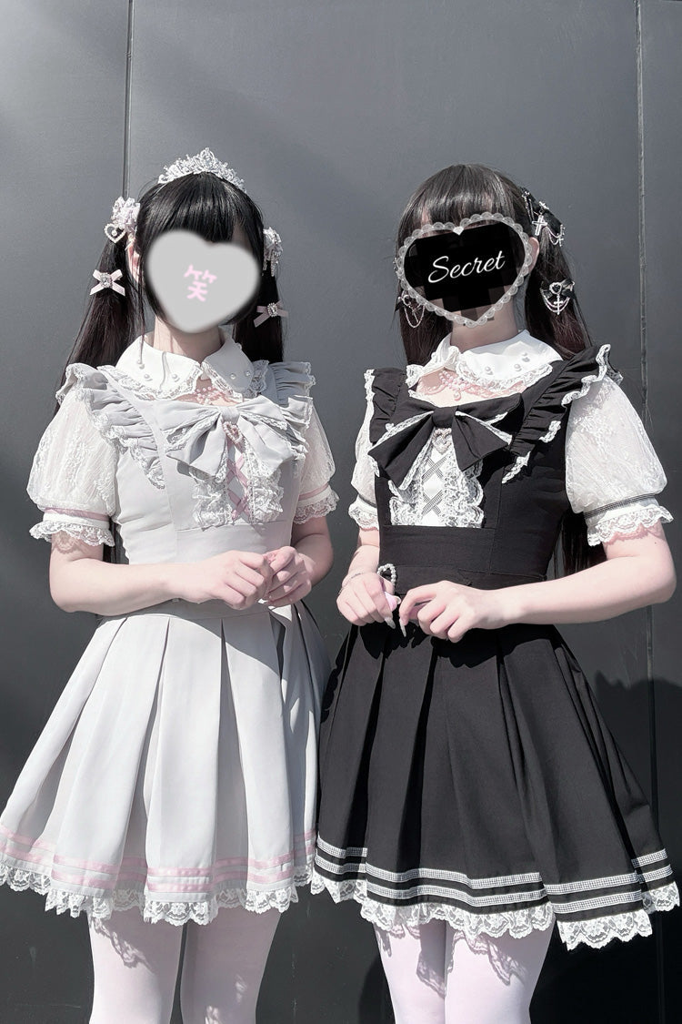 [Pearl Letter] Lapel Collar Short Sleeves Ruffled Bow Lace Jirai Kei Japanese Dress 2 Colors - Grey - 1
