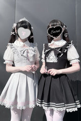 [Pearl Letter] Lapel Collar Short Sleeves Ruffled Bow Lace Jirai Kei Japanese Dress 2 Colors - Grey - 1