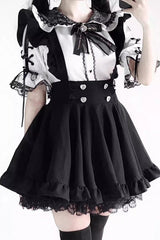Black Solid Color Ruffle Lace Jirai Kei Japanese Strap Dress - Product - 3