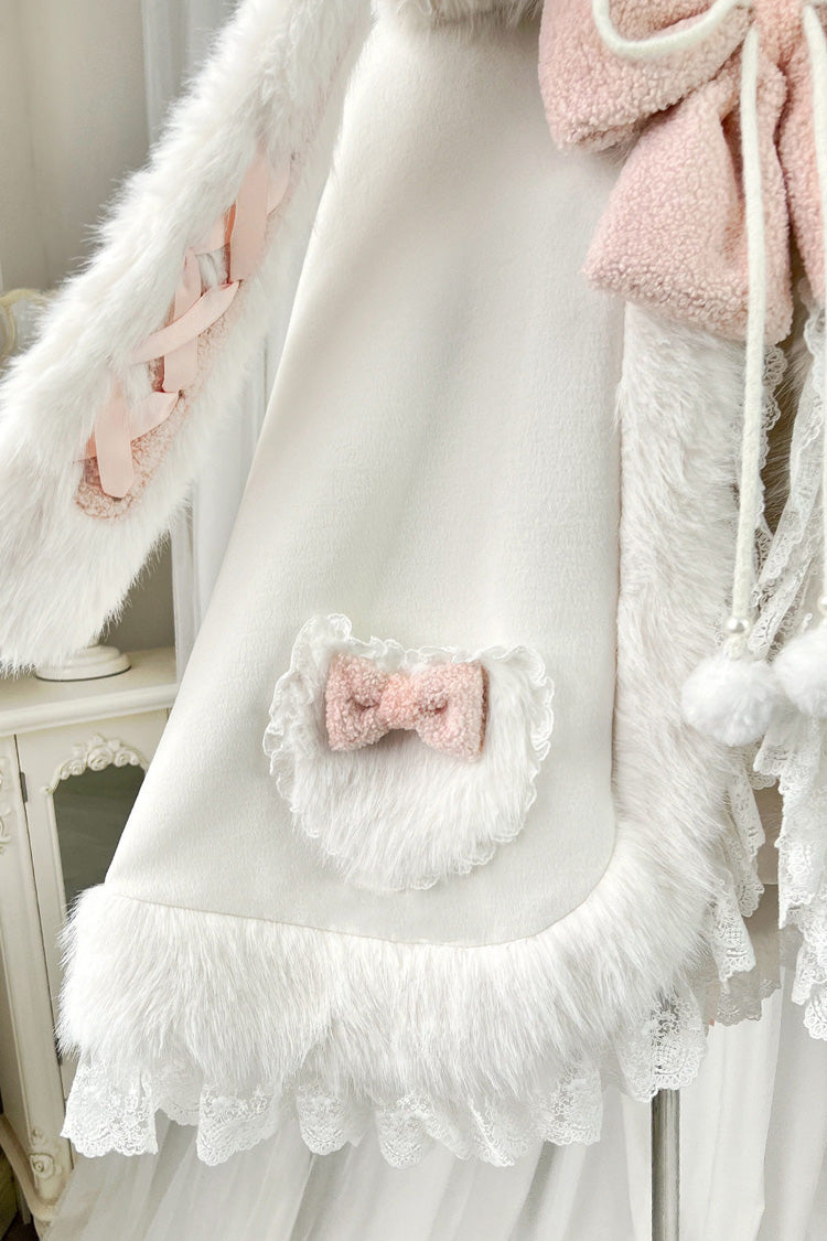 Ivory Cloud-Like Plush Bunny Ear Embroidered Bow Lace Sweet Lolita Cape Coat - Product - 9