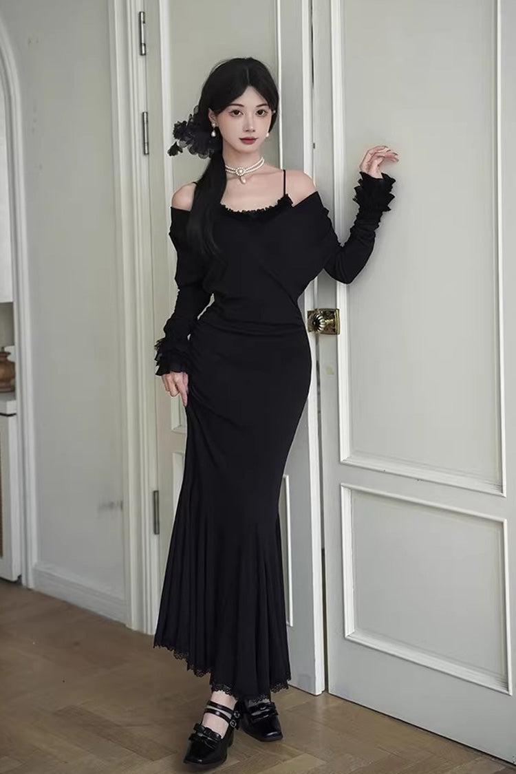 Black [Secret Crush] Long Sleeves Stretch Knit Slim Gothic Lolita Fishtail Dress - Product - 4