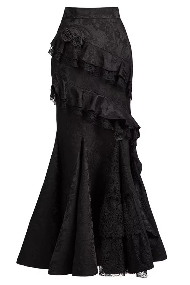 Black  [Letters & Poems · Twilight] Multi-Layered Jacquard Ruffled Witch Gothic Lolita Skirt 2 Versions - Black(Long-Skirt-Only) - 24