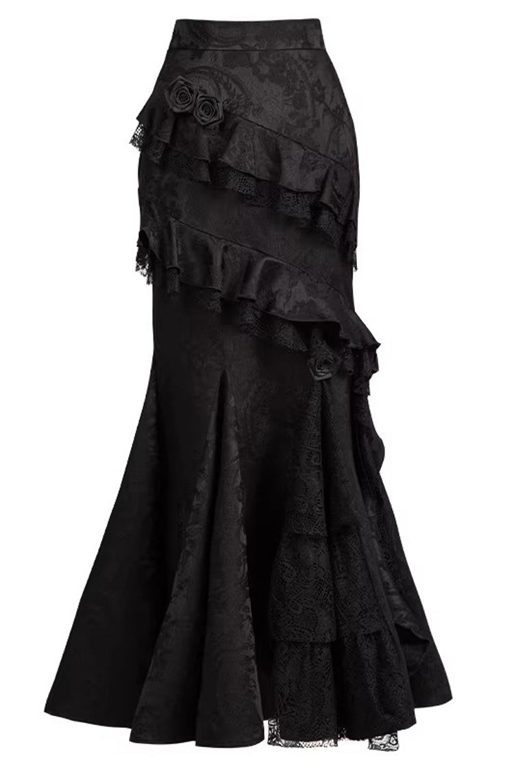 Black  [Letters & Poems · Twilight] Multi-Layered Jacquard Ruffled Witch Gothic Lolita Skirt 2 Versions - Black(Long-Skirt-Only) - 24