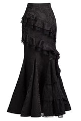 Black  [Letters & Poems · Twilight] Multi-Layered Jacquard Ruffled Witch Gothic Lolita Skirt 2 Versions - Black(Long-Skirt-Only) - 24