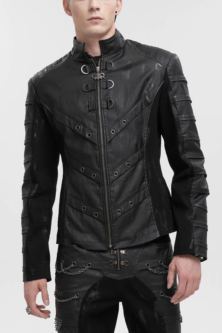 Black Stand Collar Stretch Faux Leather Twill Woven Men's Punk Jacket - Black - 1