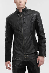 Black Stand Collar Stretch Faux Leather Twill Woven Men's Punk Jacket - Black - 1