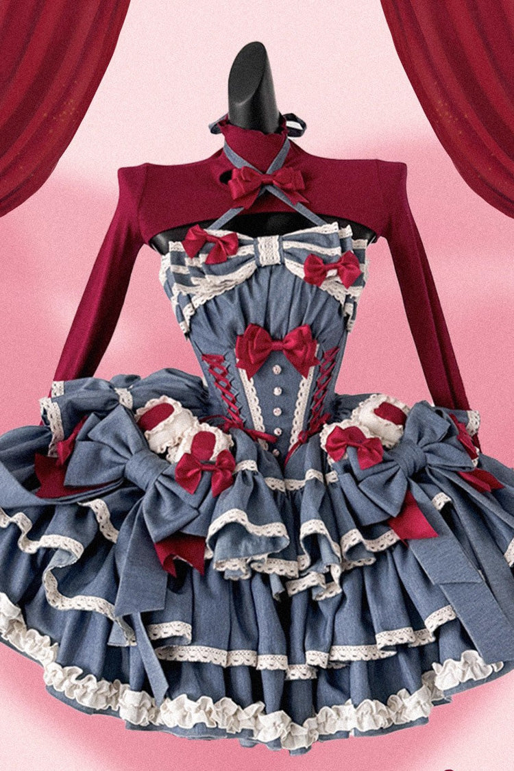Blue [Milk Rabbit Theater] Halterneck Sleeveless Triple-Layered Ruffle Bowknot Lace-Up Sweet Lolita Jsk Dress - Product - 2