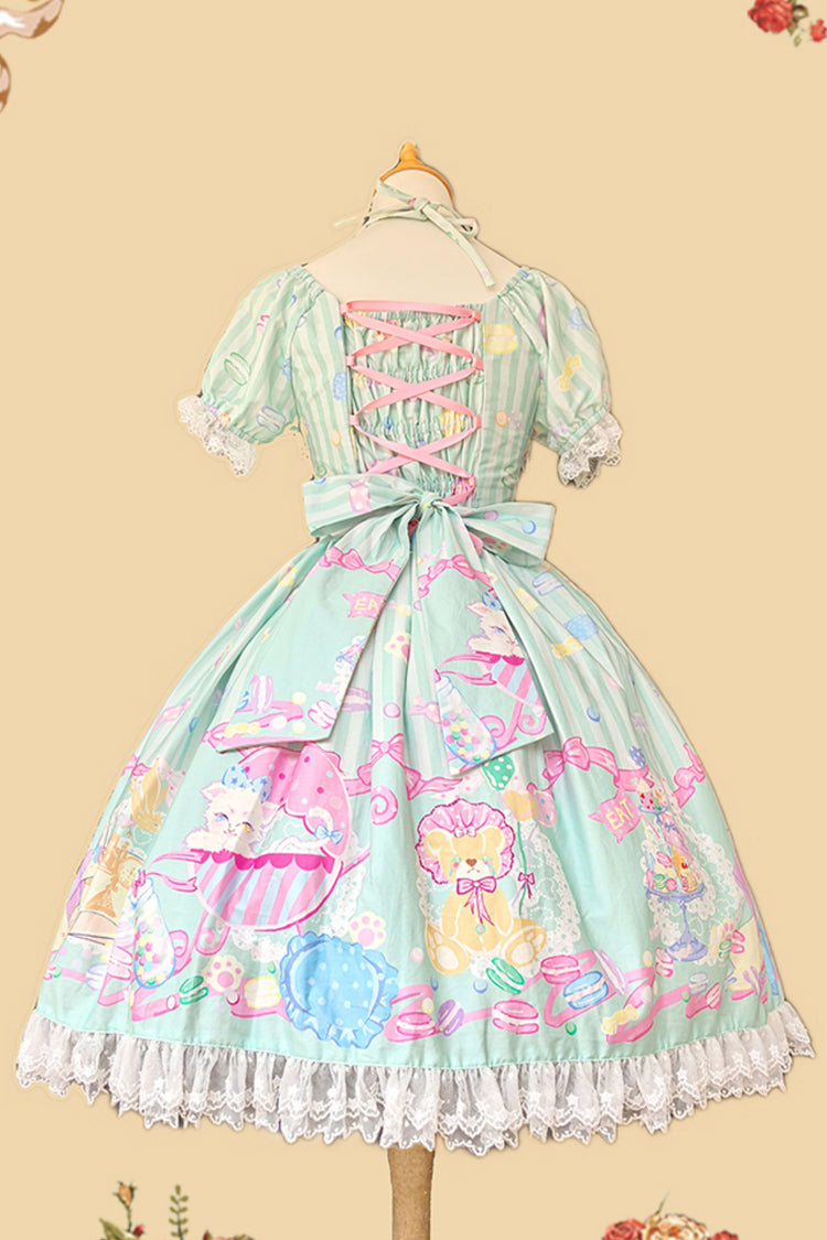 [Macaron Dolly House] Doll Collar Short Sleeves Print Bowknot Sweet Lolita Dress 3 Colors - Product - 11