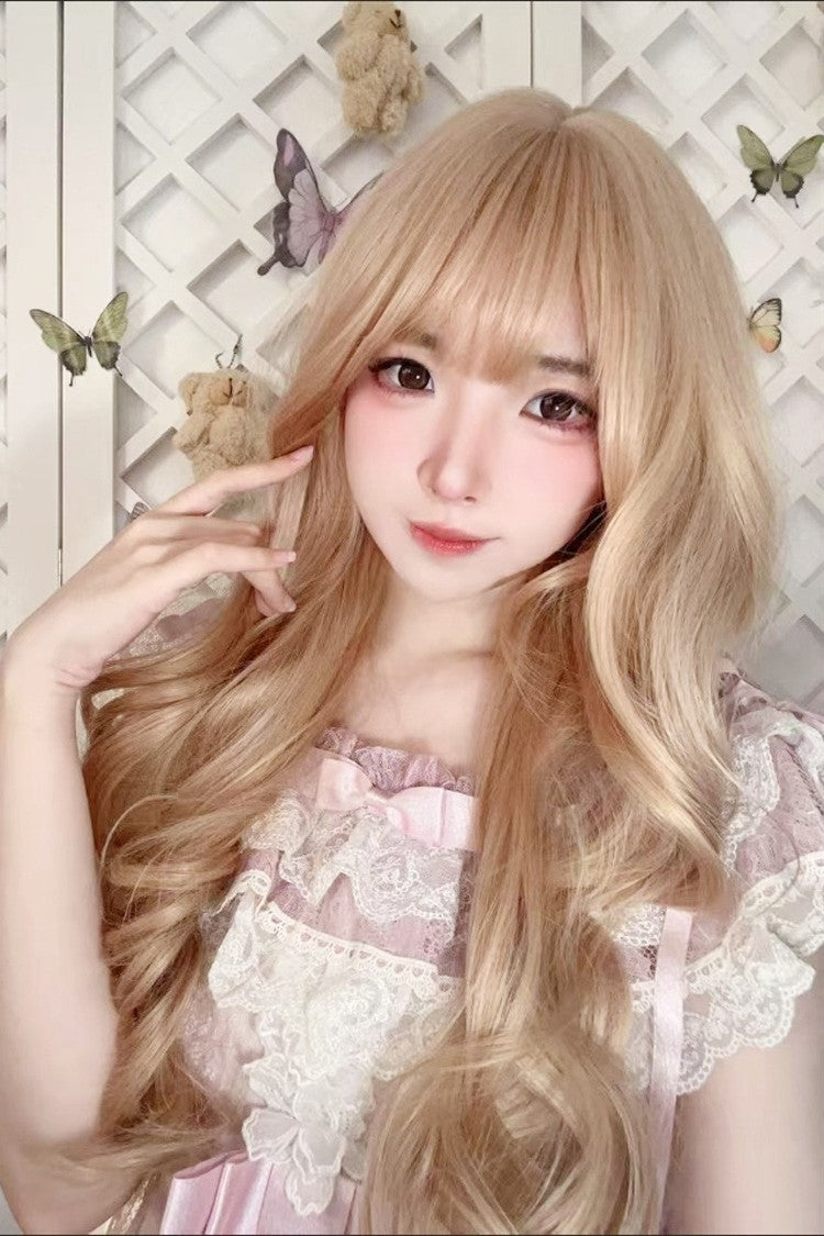 Flaxen Light Golden Straight Bangs Long Big Wave Sweet Lolita Wig - Product - 4