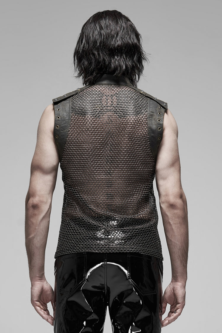 High Collar Sleeveless Rivet Decoration Sheer Mesh Men's Steampunk Vest 2 Colors - Product - 11