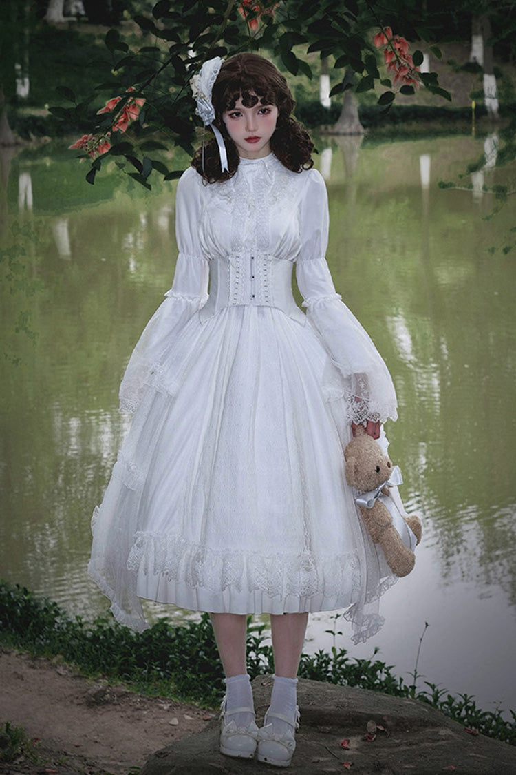 White [Requiem] Stand Collar Long Sleeves Ruffle Lace Gothic Lolita Dress - Product - 3