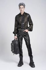 Black Lapel Collar Long Puff Sleeves Faux Leather Stitching Men's Gothic Blouse with Chain - Product - 5