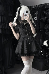 [Silver Candle Elegy”] Short Sleeves Printed Ruffled Cut-Out Bow Gothic Jirai Kei Top and Shorts Set 2 Colors - Product - 12