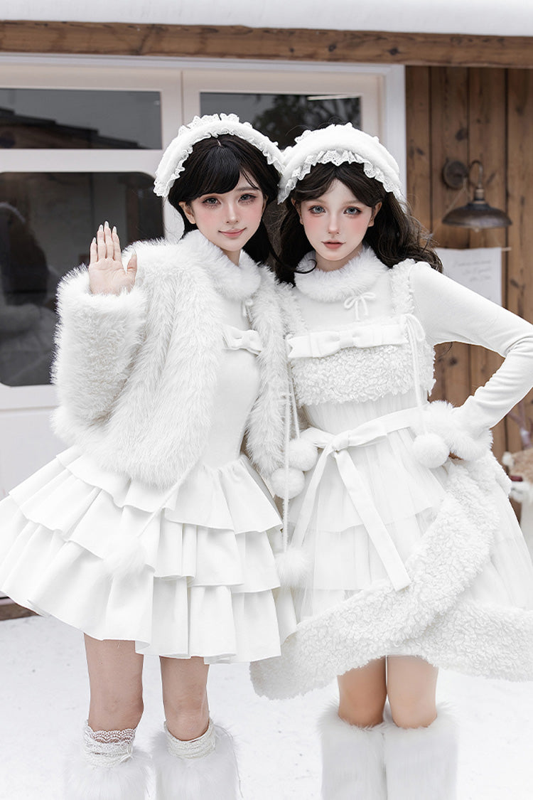 [White Chocolate] Triple-Layered Ruffle Bowknot Sweet Lolita Jsk Dress Set - Product - 7