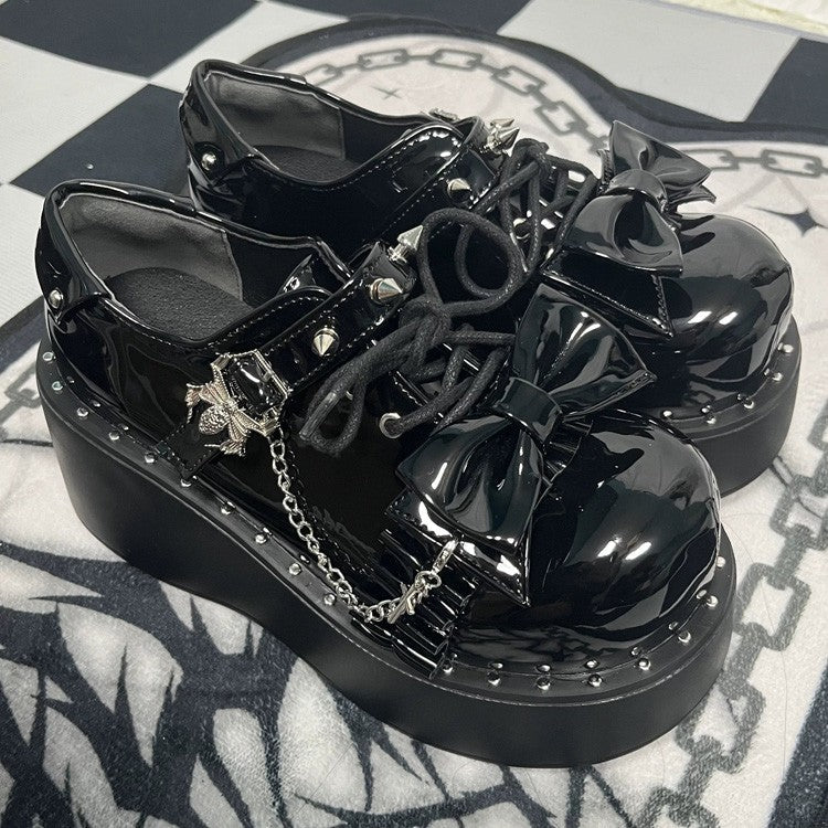 Spider Single-Strap Buckle Bow Round-Toe Punk Gothic Platform Shoes - Glossy-Black - 4