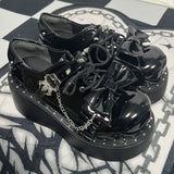 Spider Single-Strap Buckle Bow Round-Toe Punk Gothic Platform Shoes - Glossy-Black - 4