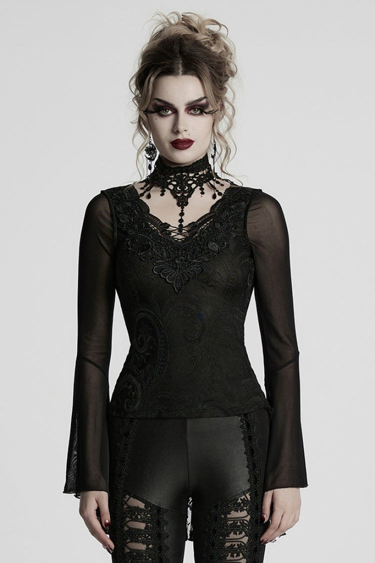 Black V Collar Embroidery Lace Lace-Up Women's Gothic Blouse - Black - 1