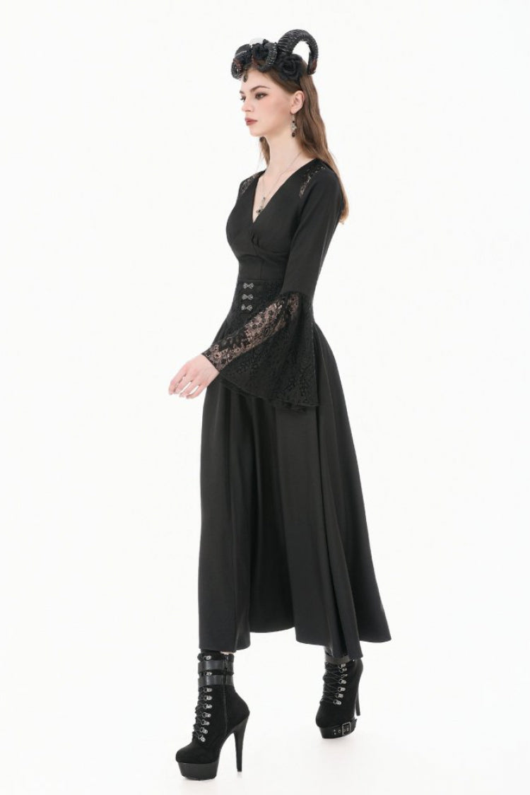 Black Women's Gothic High Waisted Embroidered Gathered Maxi Skirt - Product - 2