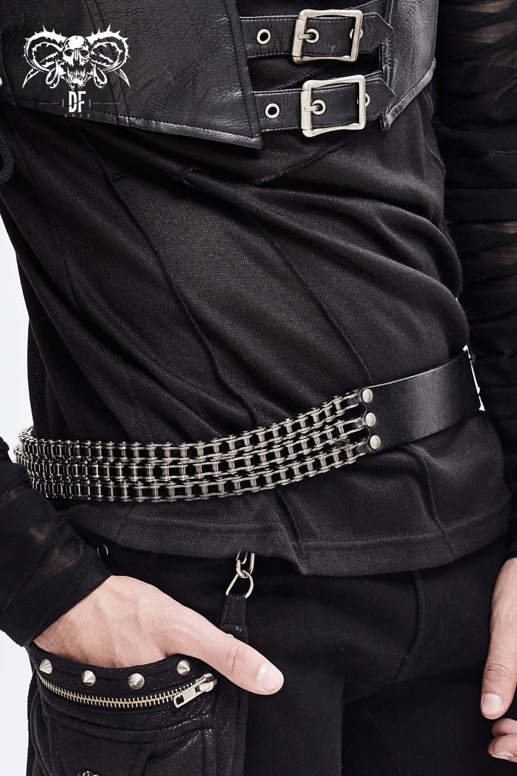 Black Asymmetric Chain-Decorated Men's Punk Belts - Product - 3
