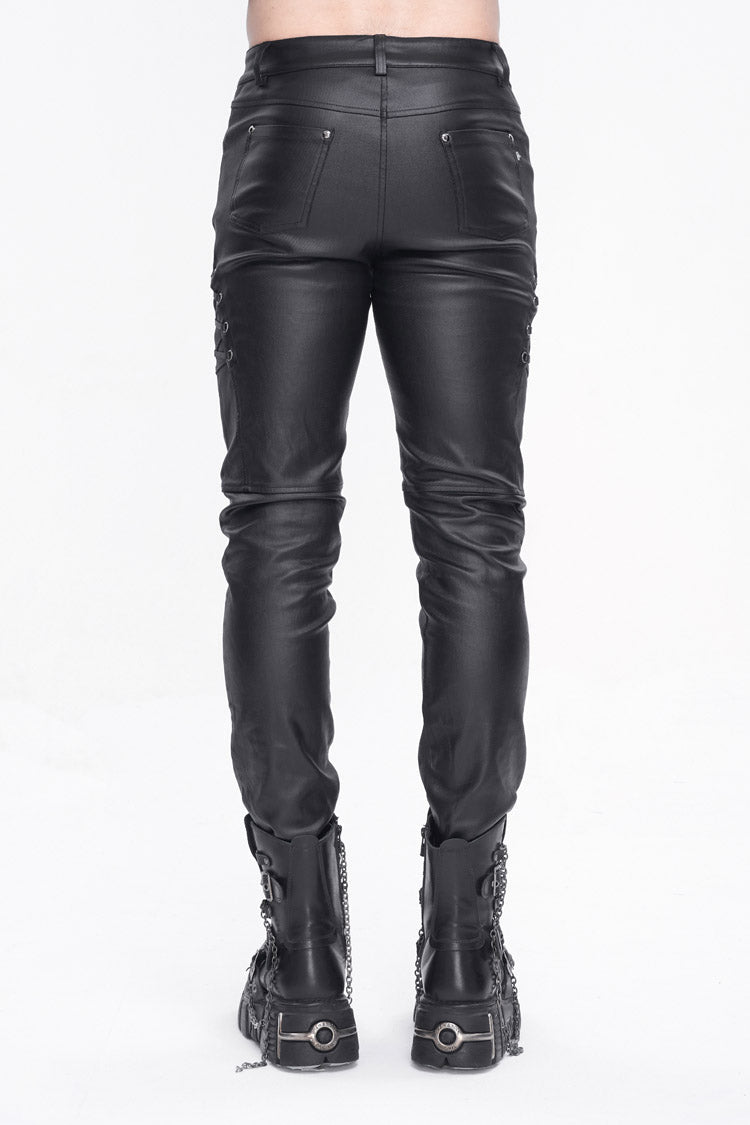 Black Studded Lace Up Leather Men's Punk Pants - Product - 4