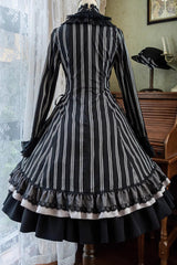Black Stand Collar Long Sleeves Multi-layer Striped Print Ruffle Gothic Lolita Dress - Product - 7