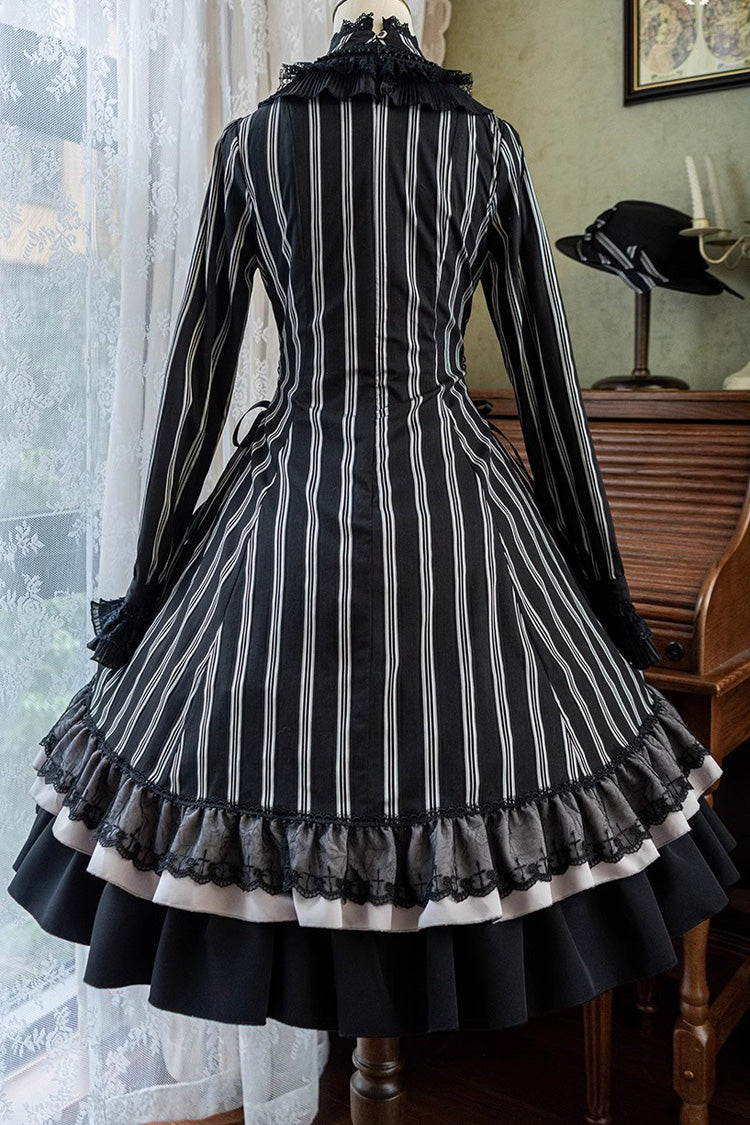 Black Stand Collar Long Sleeves Multi-layer Striped Print Ruffle Gothic Lolita Dress - Product - 7